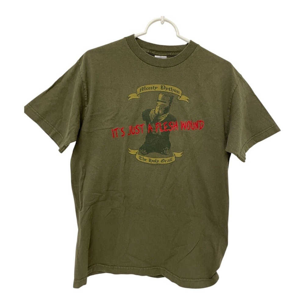 Vintage Monty Phyton The Holy Grail Its Just Flesh Wound Y2K TShirt Green Medium